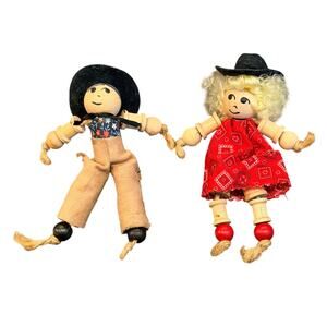 Rare! Vintage Handmade Wooden Spool Dolls Cowboy And Cowgirl 5” Folk Art Dolls